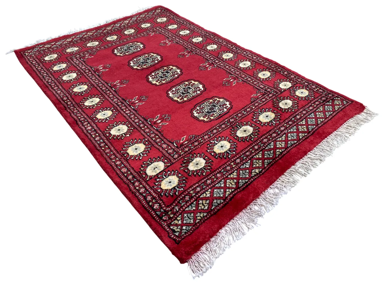 Small Bokhara Rug Traditional Hand Knotted Carpet With Geometric Design photo Textiles