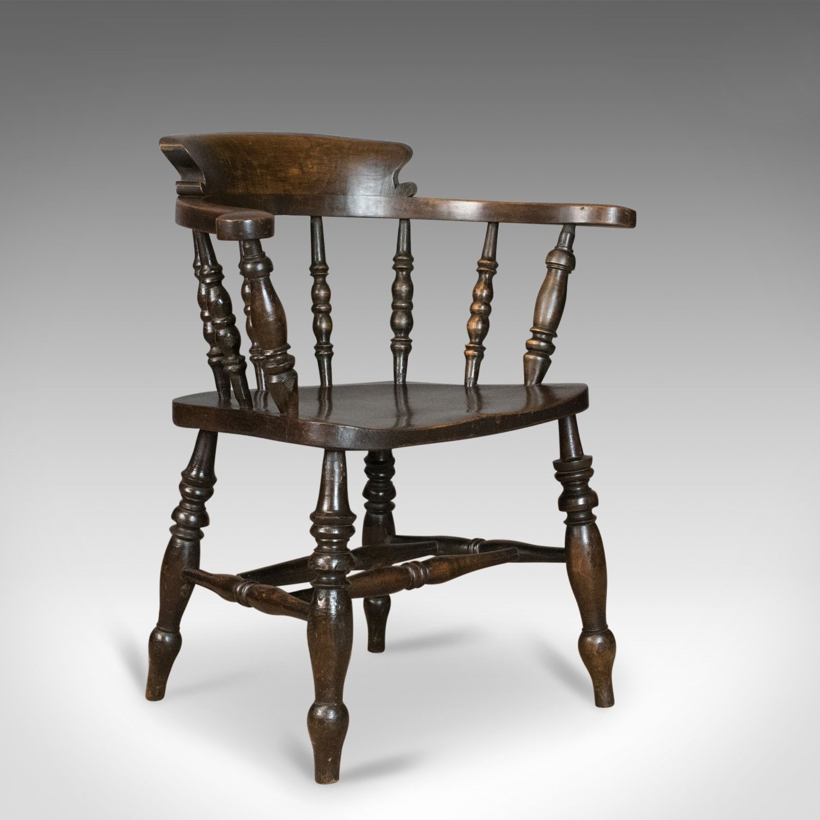 Antique Armchair, English, Victorian, Elm Bow Back, Smokers Captains Chair C1900