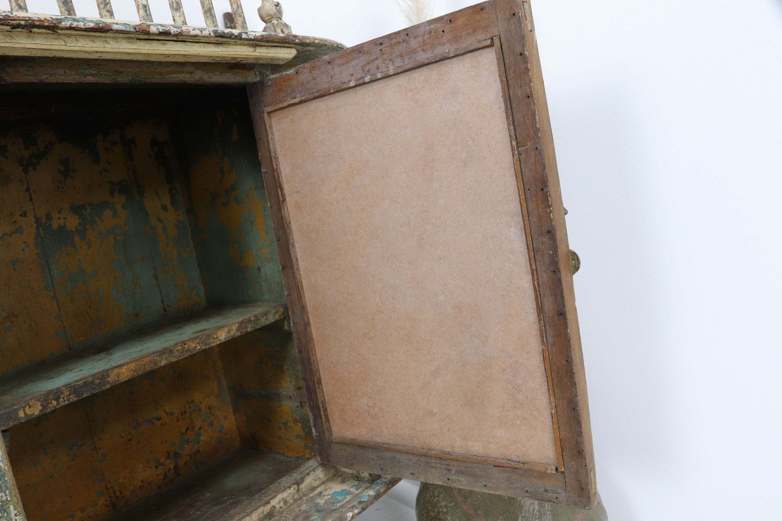 photo for sale 19th Century Yellow Painted Hand Carved Mirrored Indian Cabinet