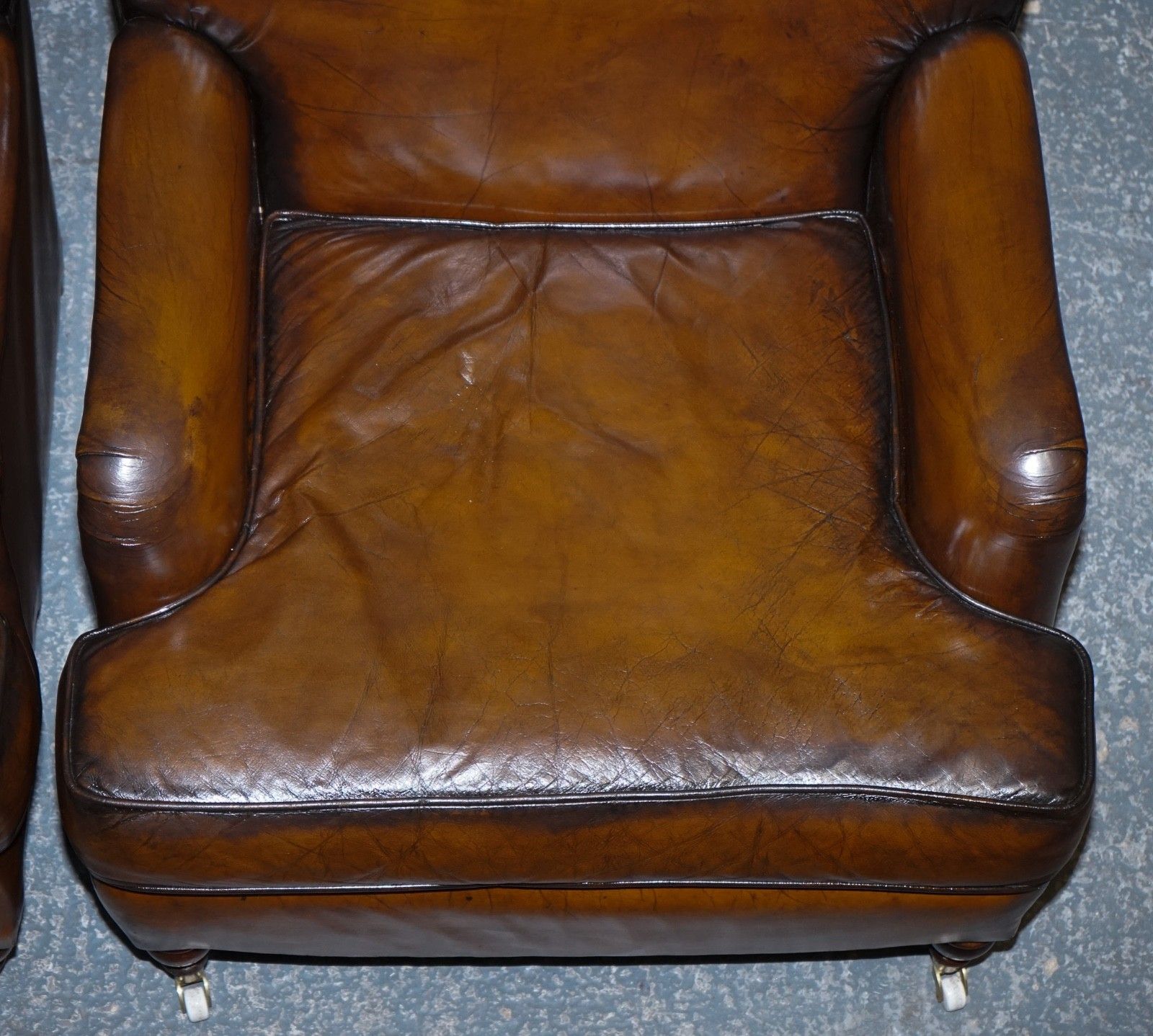 Furniture Pair Of Cigar Hand Dyed Leather Howard & Sons Style Armchairs On Castor Feet photo