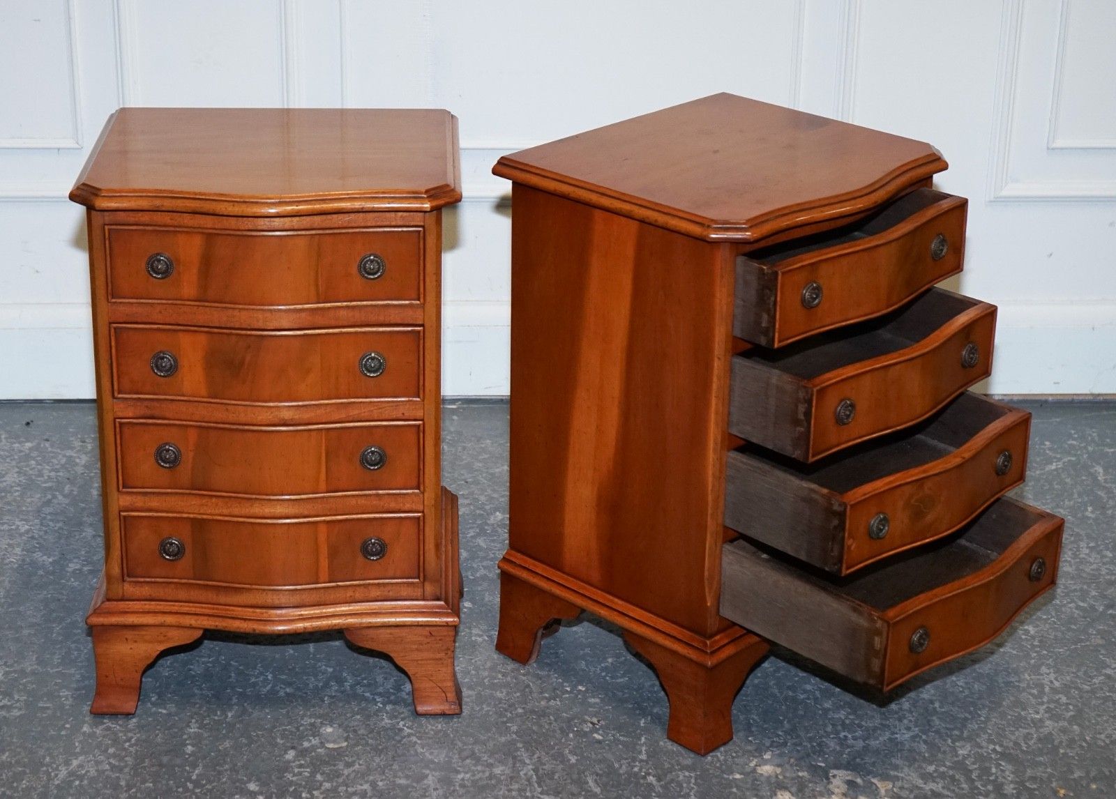 Compact Serpentine Front Pair Of Georgian Style Yew Wood Bedside Nightstands photo Furniture