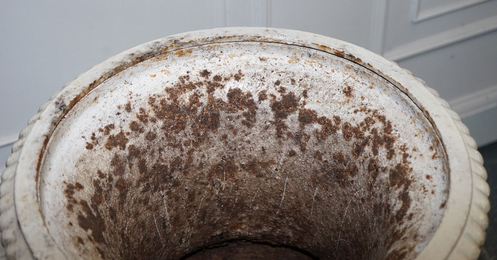 1550.0 Victorian Painted Cast Iron Urn Flared Beaded Rims Above Scrolling Acanthus photo