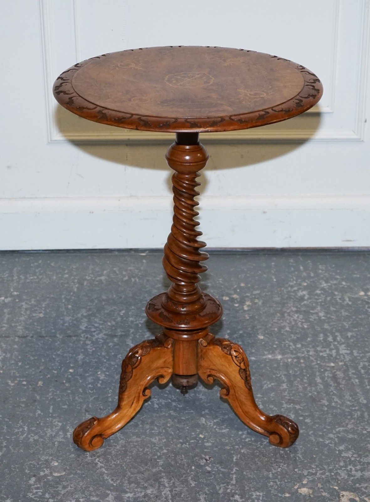 Antique Marquetry Burr Walnut Pedestal Side End Table With Carved & Turned Base photo furniture