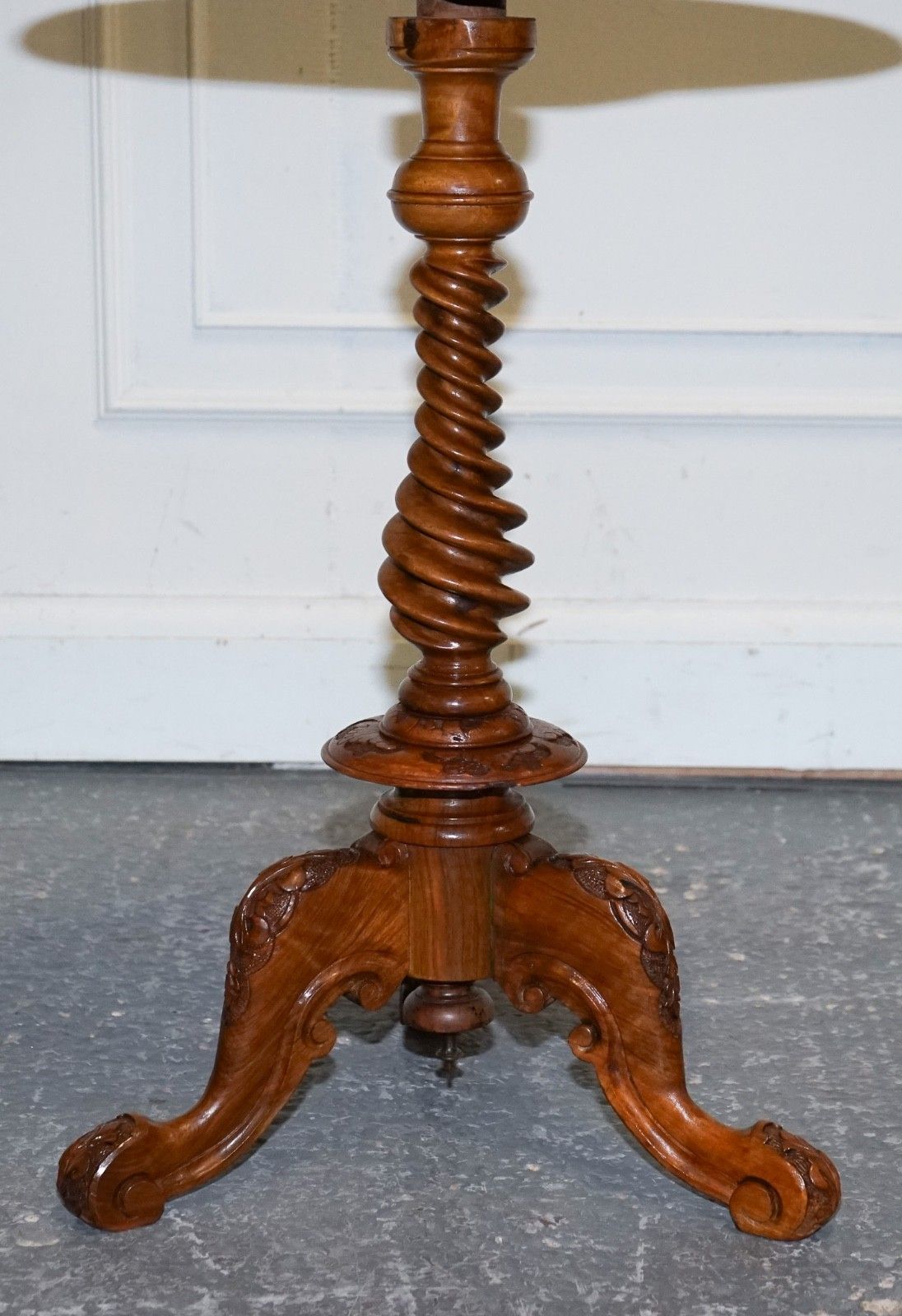 Antique Marquetry Burr Walnut Pedestal Side End Table With Carved & Turned Base photo for sale