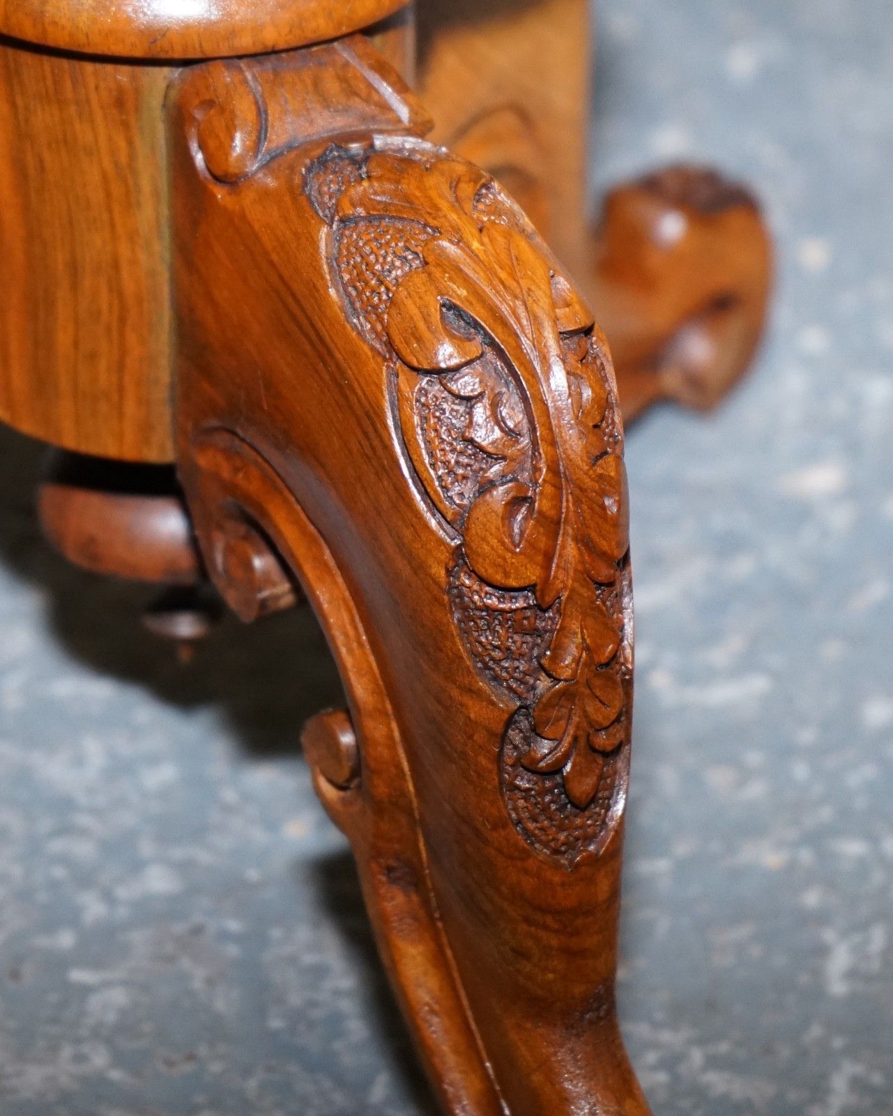 Antique Marquetry Burr Walnut Pedestal Side End Table With Carved & Turned Base photo vintage