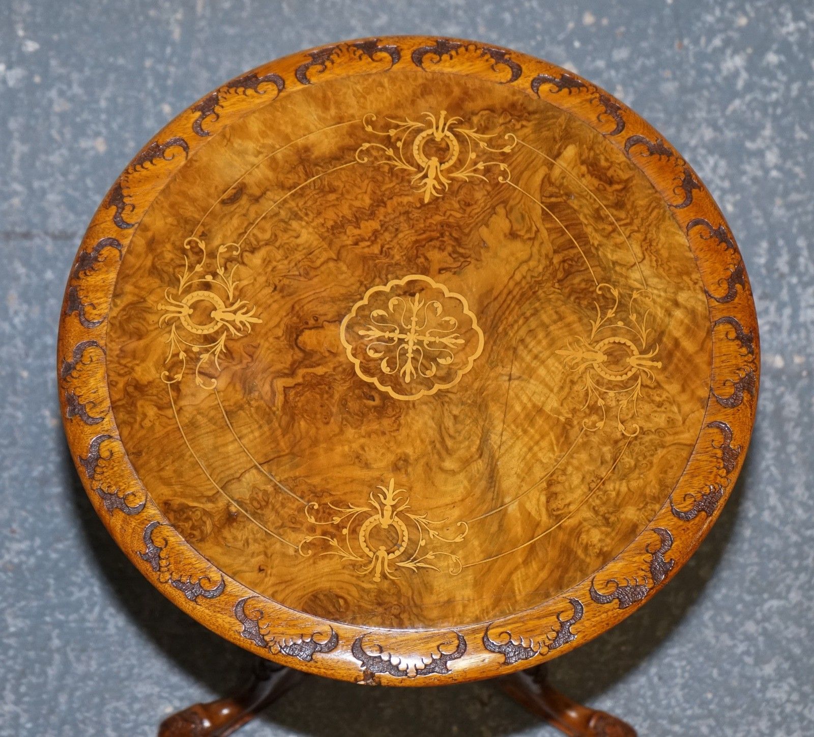 photo furniture Antique Marquetry Burr Walnut Pedestal Side End Table With Carved & Turned Base