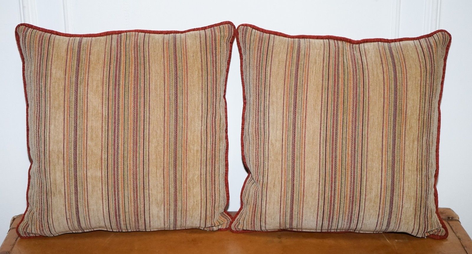 Vintage Pair Of Beige Stripped & Burnt Orange Feather Filled Scatter Cushions photo for sale
