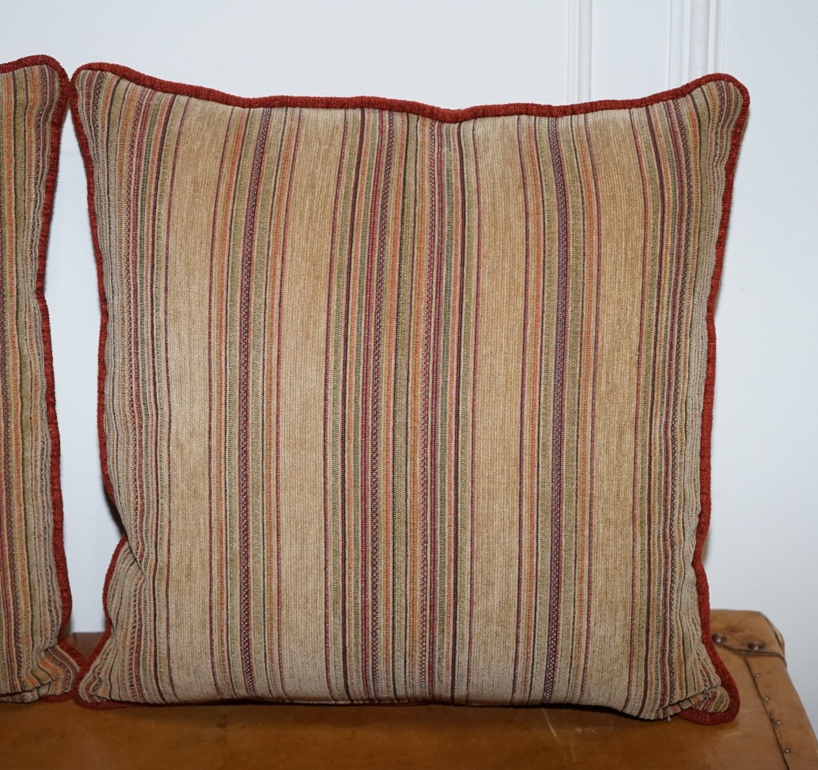 Vintage Pair Of Beige Stripped & Burnt Orange Feather Filled Scatter Cushions photo 150.0