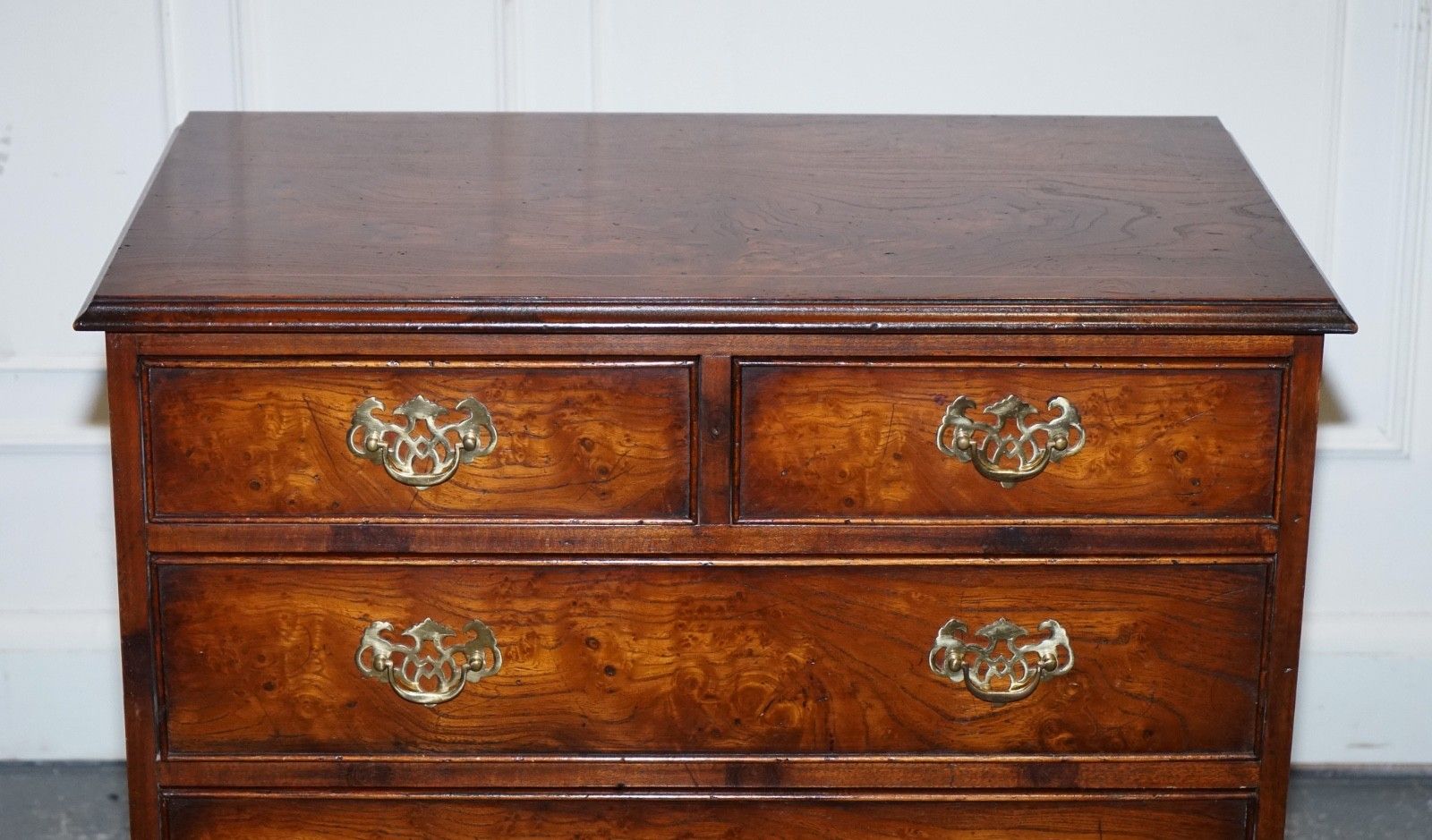 Elegant Vintage Burl Elm All Over Chest Of Drawers Commode Brass Handles photo vinterior