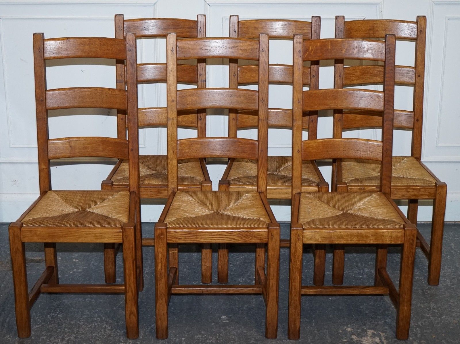 1950's French Set Of 6 Farm Country House Ladder Back Dining Chairs Straw Seats photo for sale