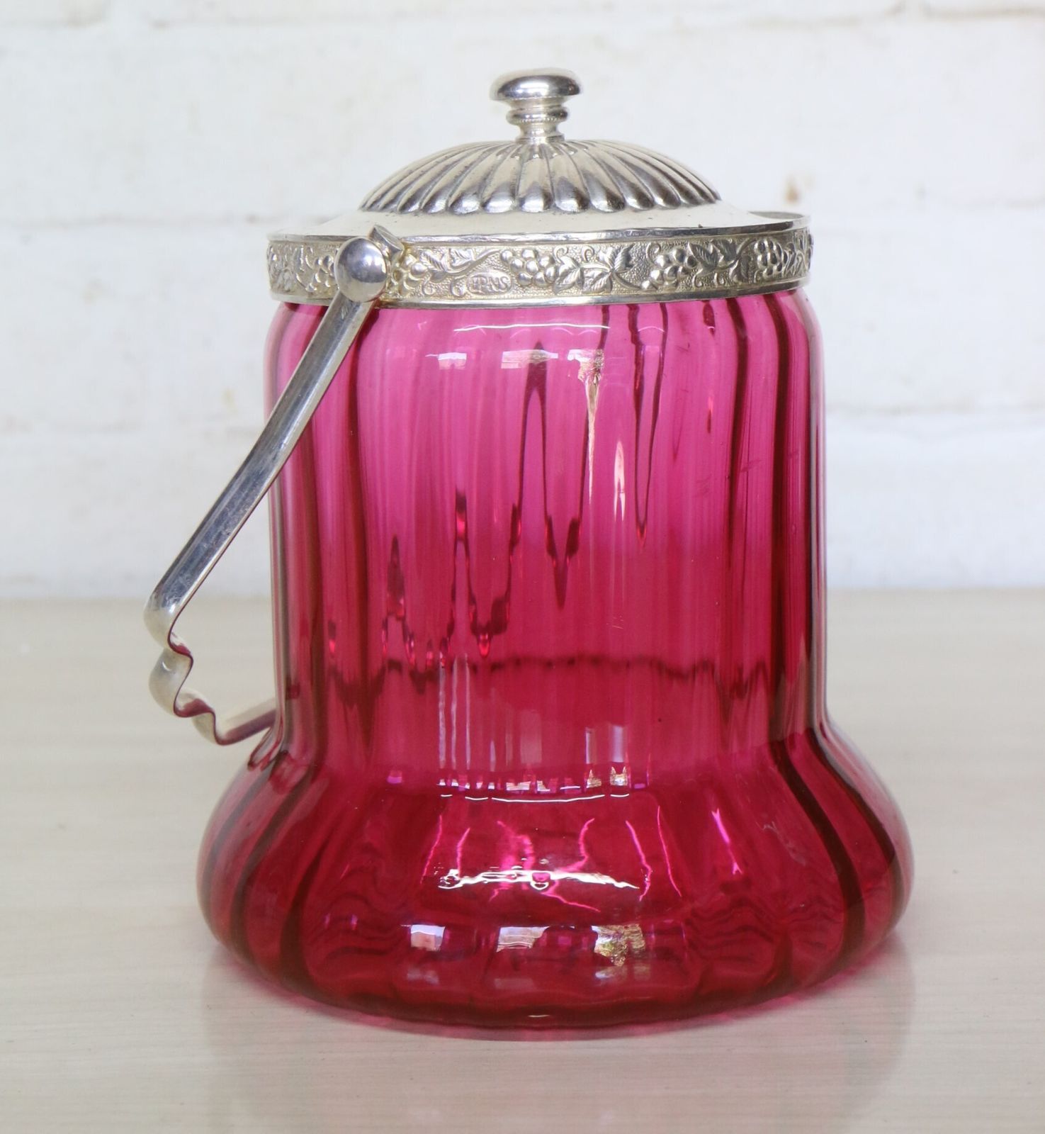 A Cranberry Glass Biscuit Barrel Early 20th Century Epns Fittings And Handle Excellent photo buy