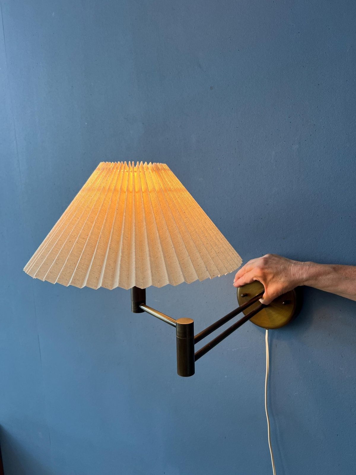 Brass Swivel Arm Mid Century Wall Lamp With Beige Pleated Shade photo furniture