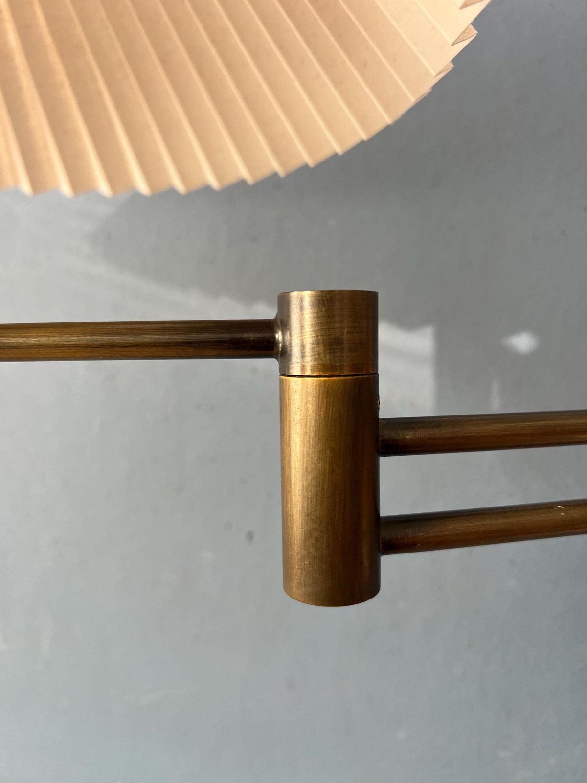 photo furniture Brass Swivel Arm Mid Century Wall Lamp With Beige Pleated Shade
