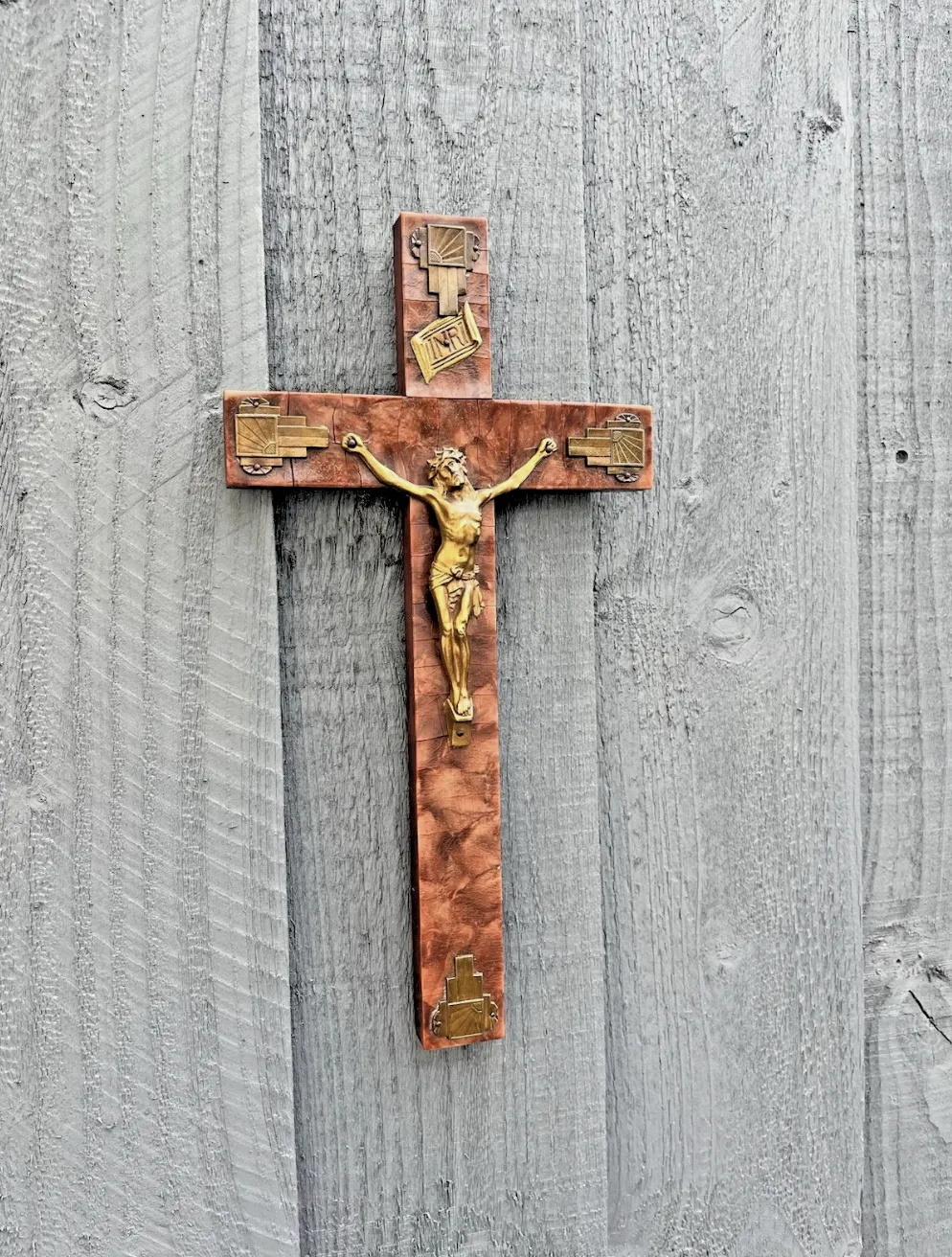 80.0 Antique Art Deco French Bakelite Gilded Wall Hanging Crucifix Church Cross Jesus photo