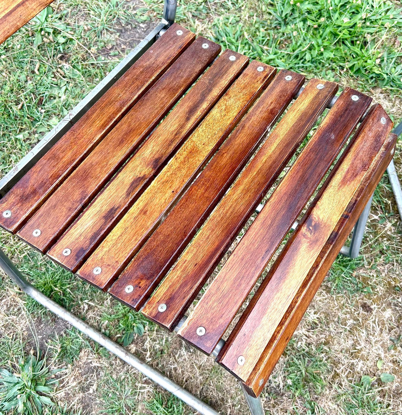 25 Available Grey Vintage Stacking Chairs Antique Industrial Retro Slatted Garden Metal Kitchen Dining Wooden photo for sale