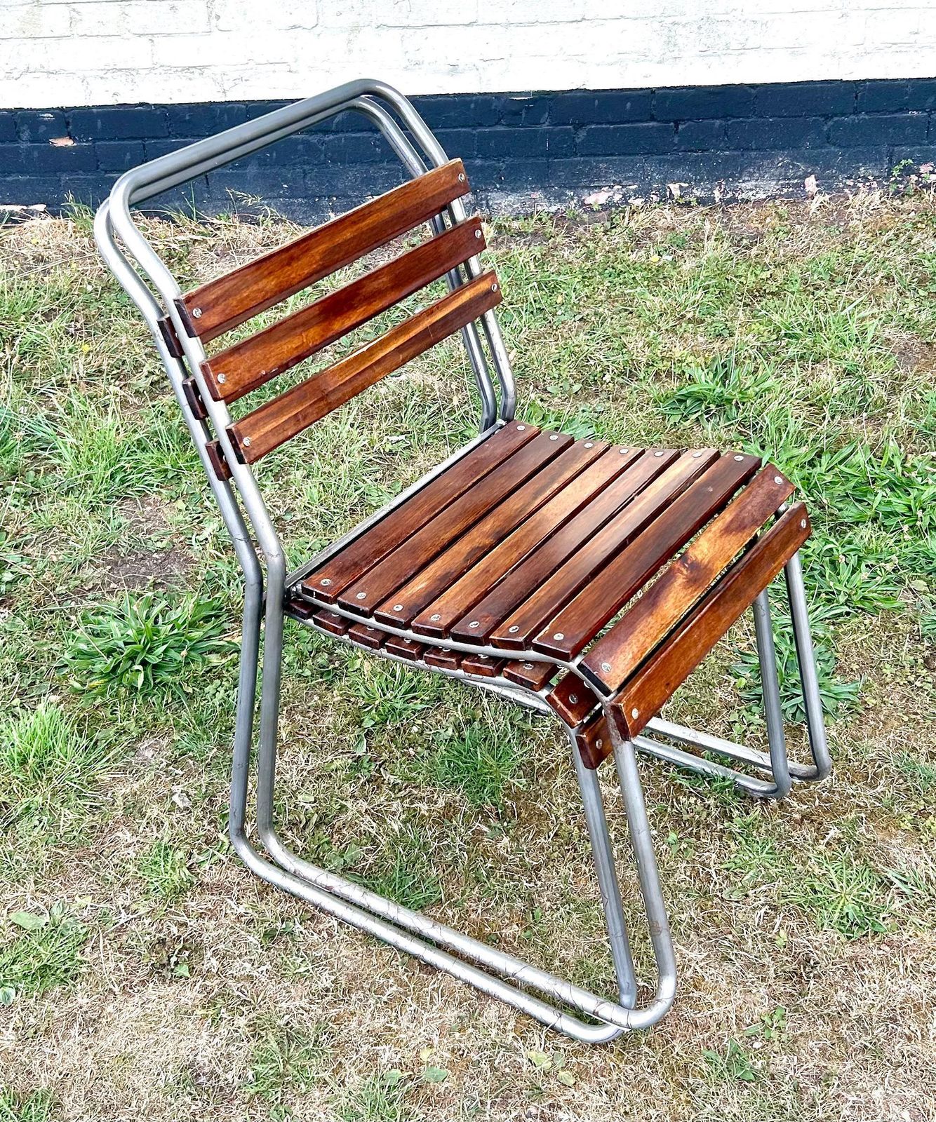 25 Available Grey Vintage Stacking Chairs Antique Industrial Retro Slatted Garden Metal Kitchen Dining Wooden photo vinterior