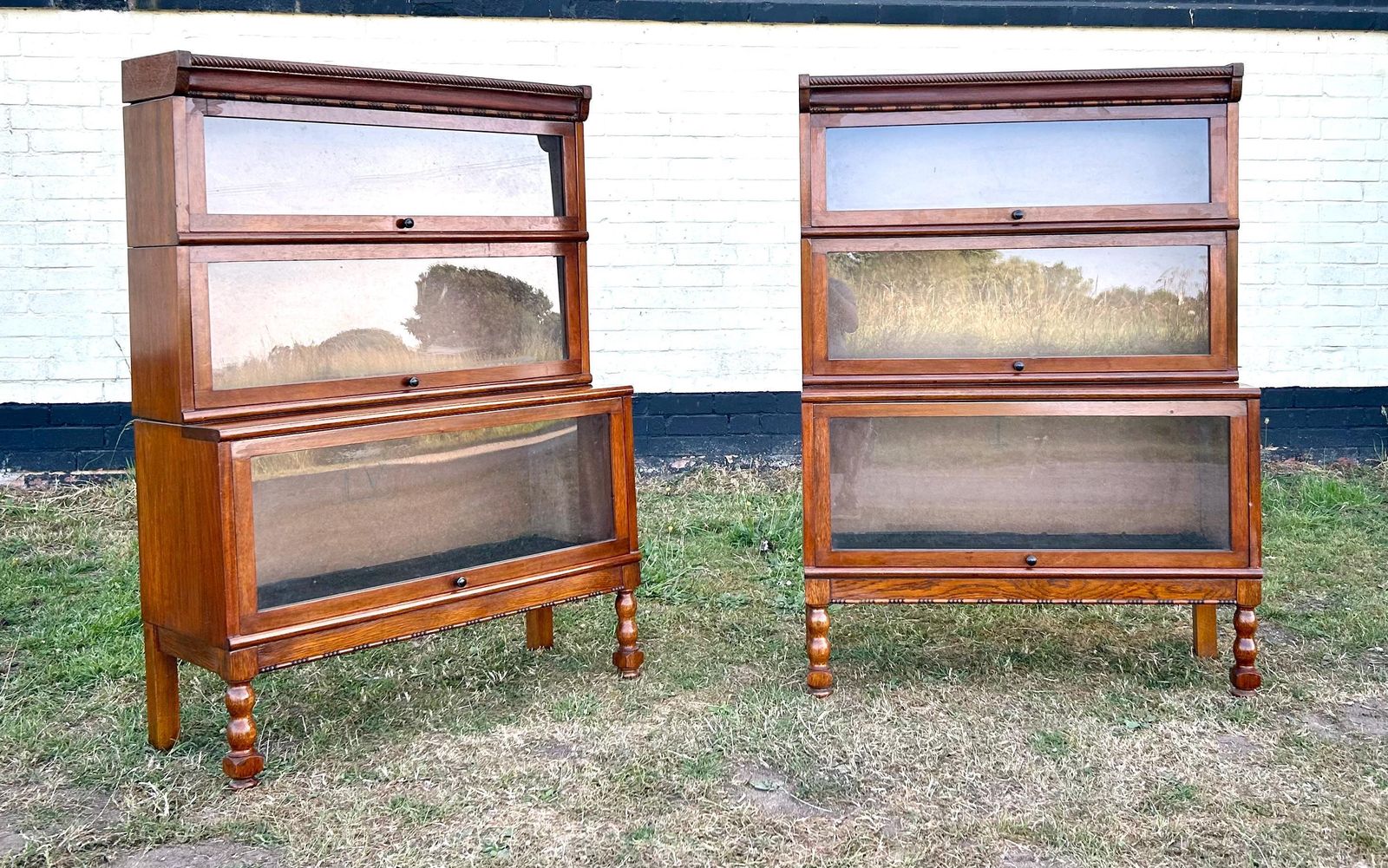 Pair Of Oak Three Tier Vintage Bookcase Cabinet Wooden Desk Drawer Solicitors Antique Industrial Stacking Haberdashery Library