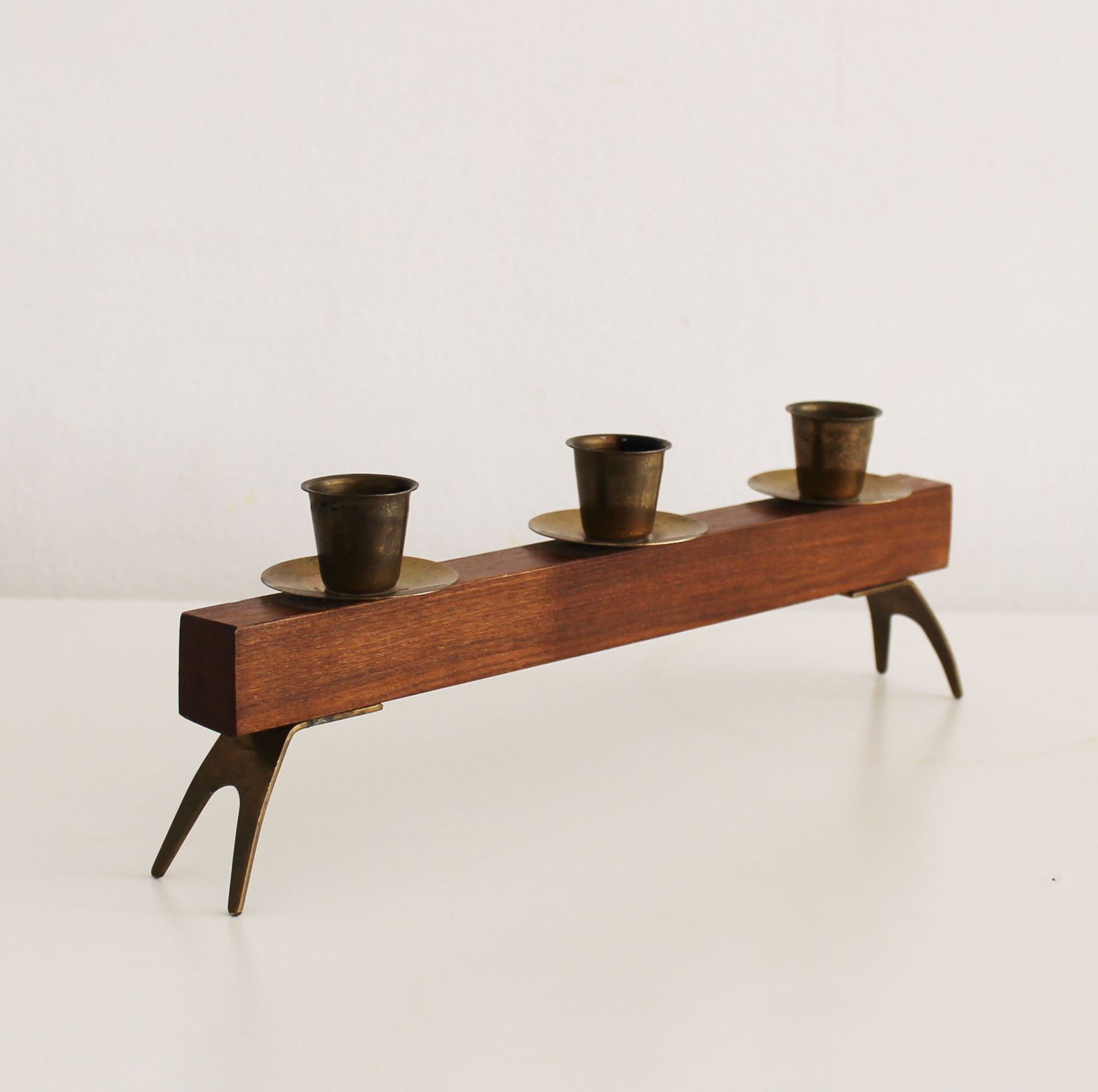 1960s Sculptural Wooden & Brass Candleholder photo vinterior