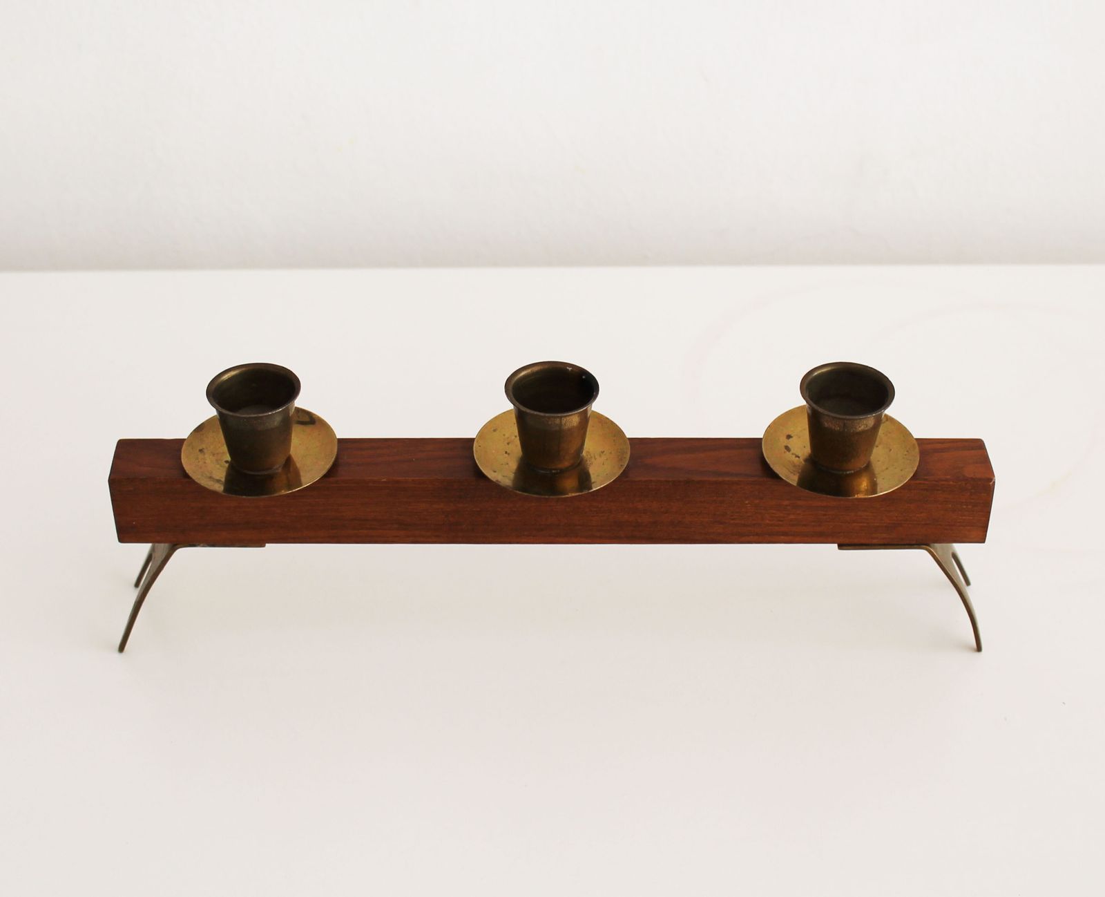 1960s Sculptural Wooden & Brass Candleholder photo vintage