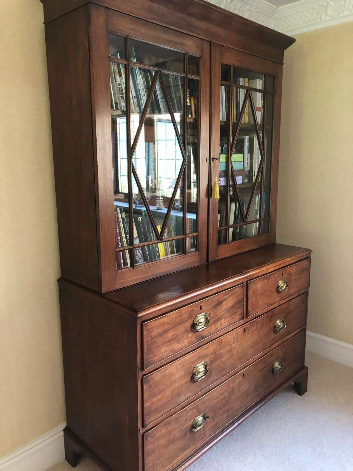 Victorian Mahogany Bookcase With Glass Doors, Sitting Over Drawers photo Furniture