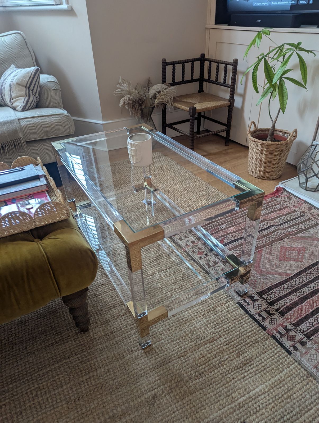 700.0 Glass, Lucite & Brass Coffee Table, 1970s, Charles Hollis Jones Style photo