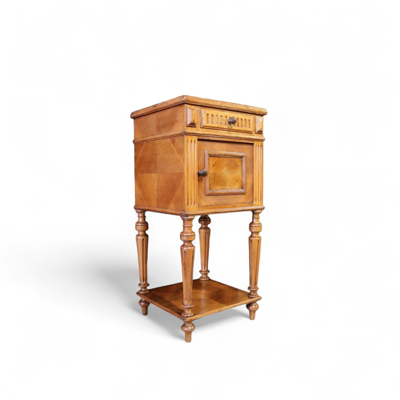 Antique French Walnut Marble Top Bedside Cabinet / Nightstand