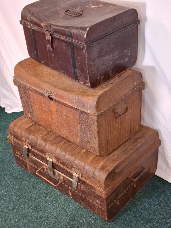 Trio Of Antique Metal Chests Ideal For Shop Display Or Industrial Look photo buy