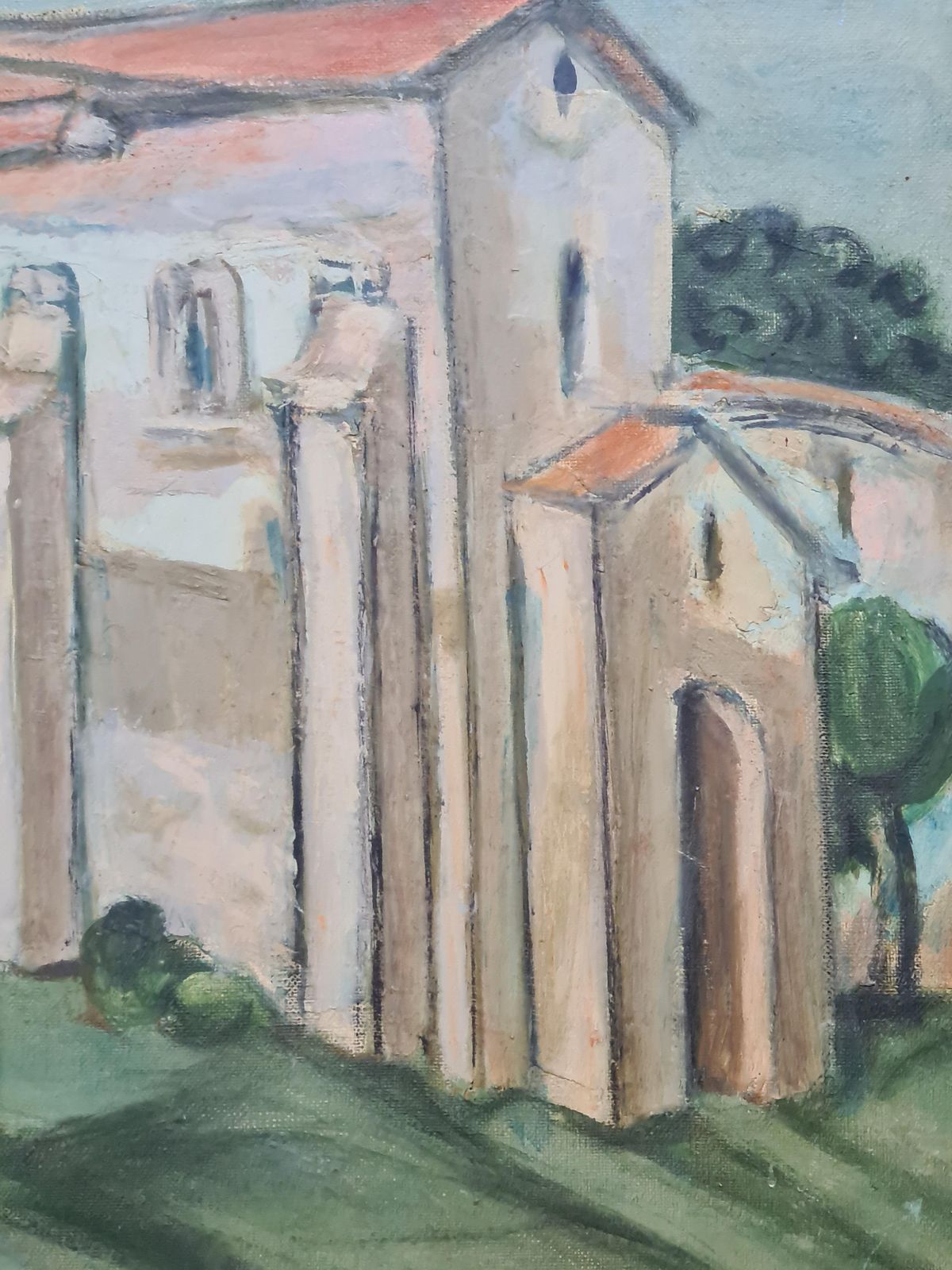 Mid Century Painting Of A Church, In A Monastery Garden From The 1950s By Shedlin (Reginald Schoedelin) photo vinterior