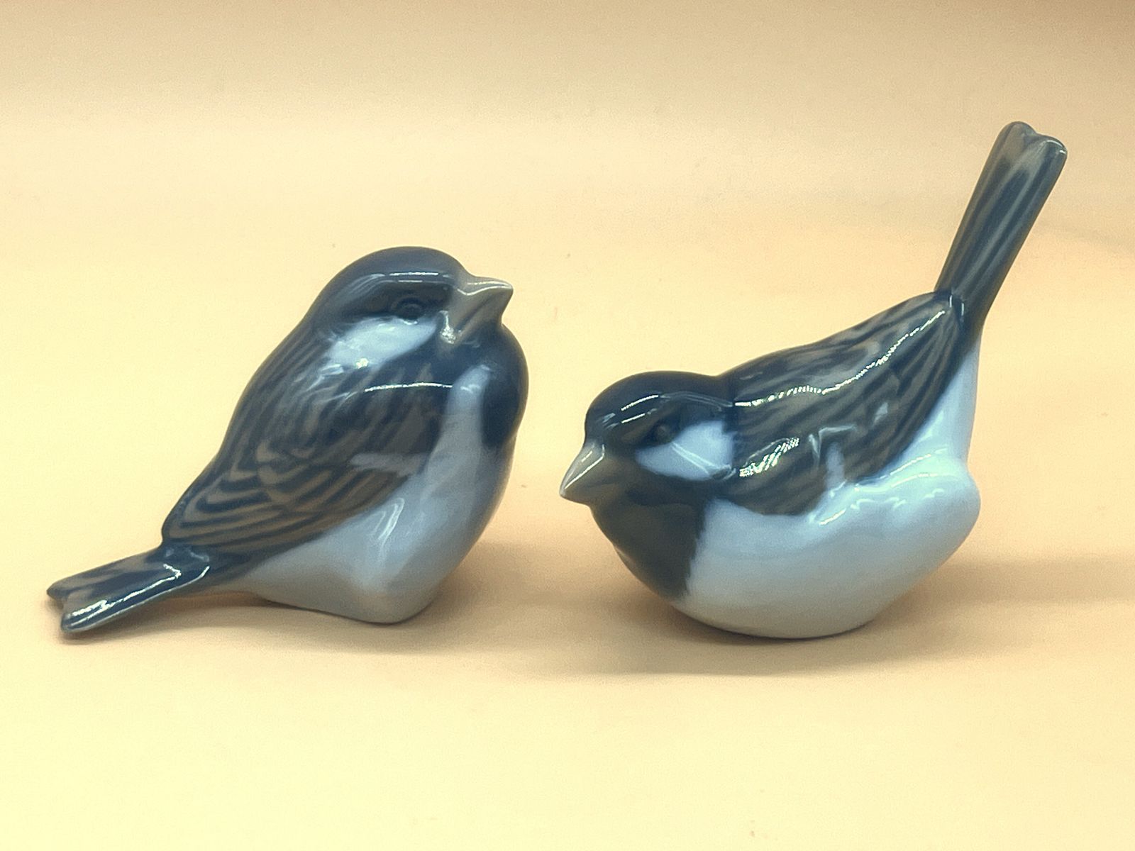 2 Royal Copenhagen Porcelain, Denmark Sparrow Bird Figures. 1081 Optimist & 1519 Pessimist. C1980