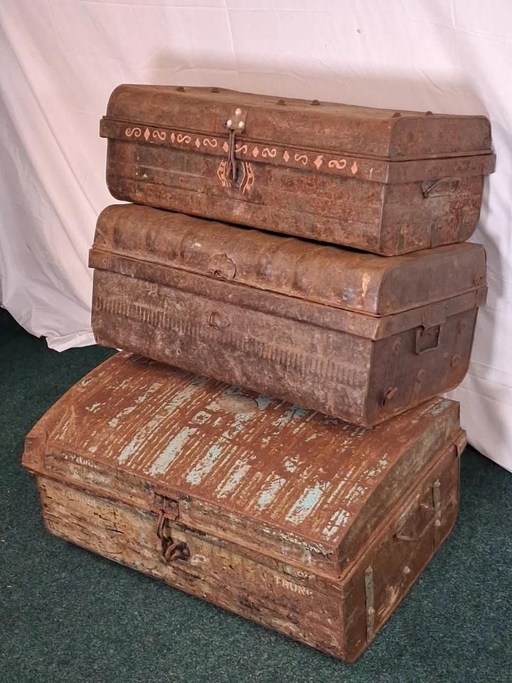 Assortment Of Antique Metal Chests Ideal For Shop Display Or Industrial Look