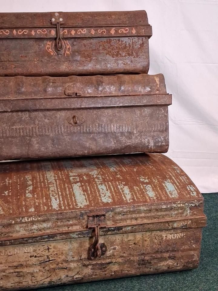 Assortment Of Antique Metal Chests Ideal For Shop Display Or Industrial Look photo vinterior