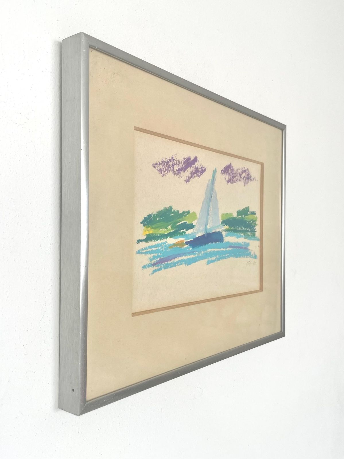 Abstract Minimalist Vintage Pastel On Paper Drawing Of Landscape By The Ocean With Sailboat By Hans Gregersen   Danish Art From The 1990s photo vintage