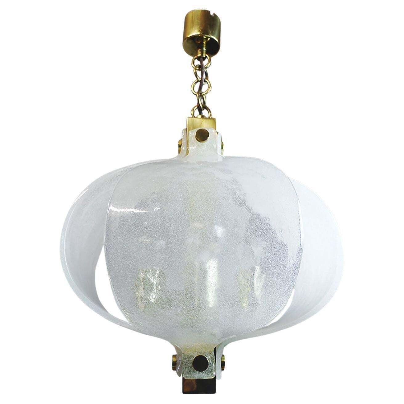Frosted Murano Tulip Chandelier Pendant Glass & Brass By Kaiser, Germany, 1970s
