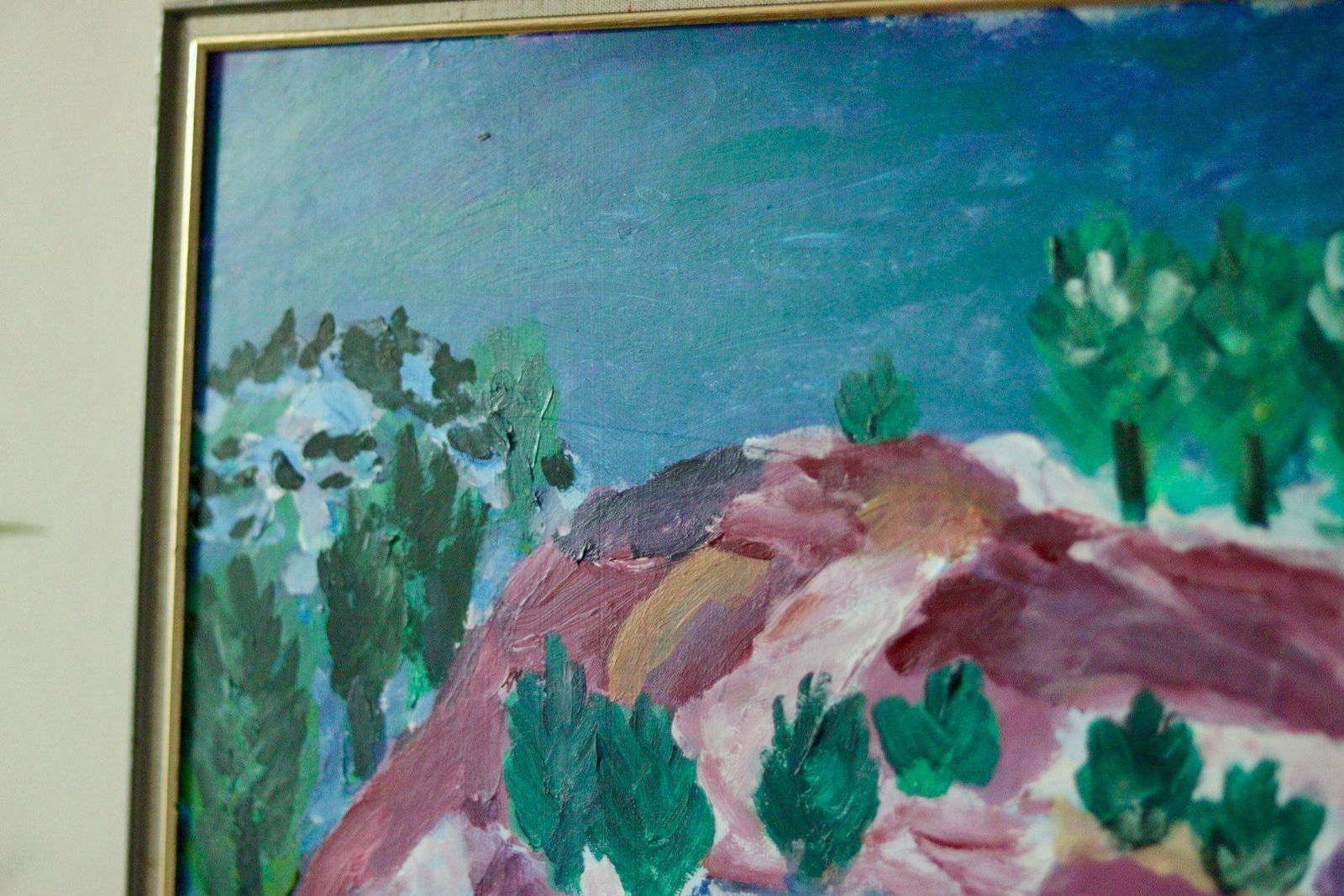 Original Vintage Acrylic On Panel – “Colourful Landscape Motif” By Erp – Framed | 54 X 51 Cm (21.3 X 20.1 In) photo vinterior