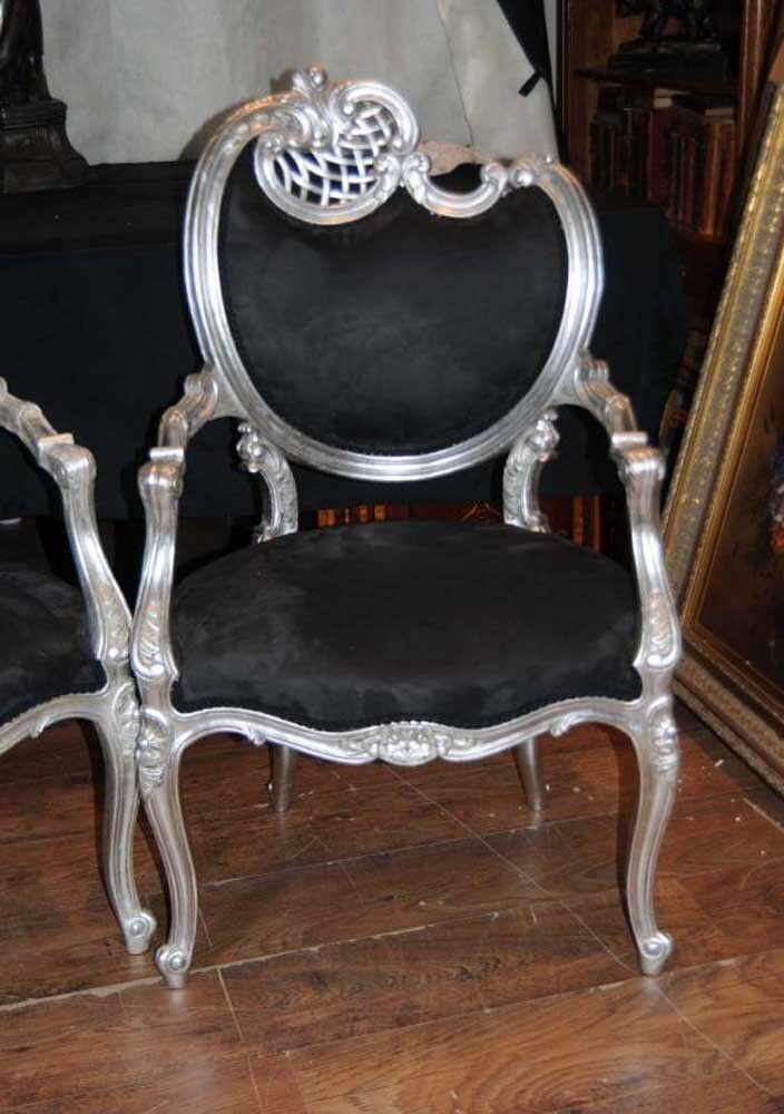 Furniture Pair Silver Rococo French Arm Chairs Fauteils Armchairs photo