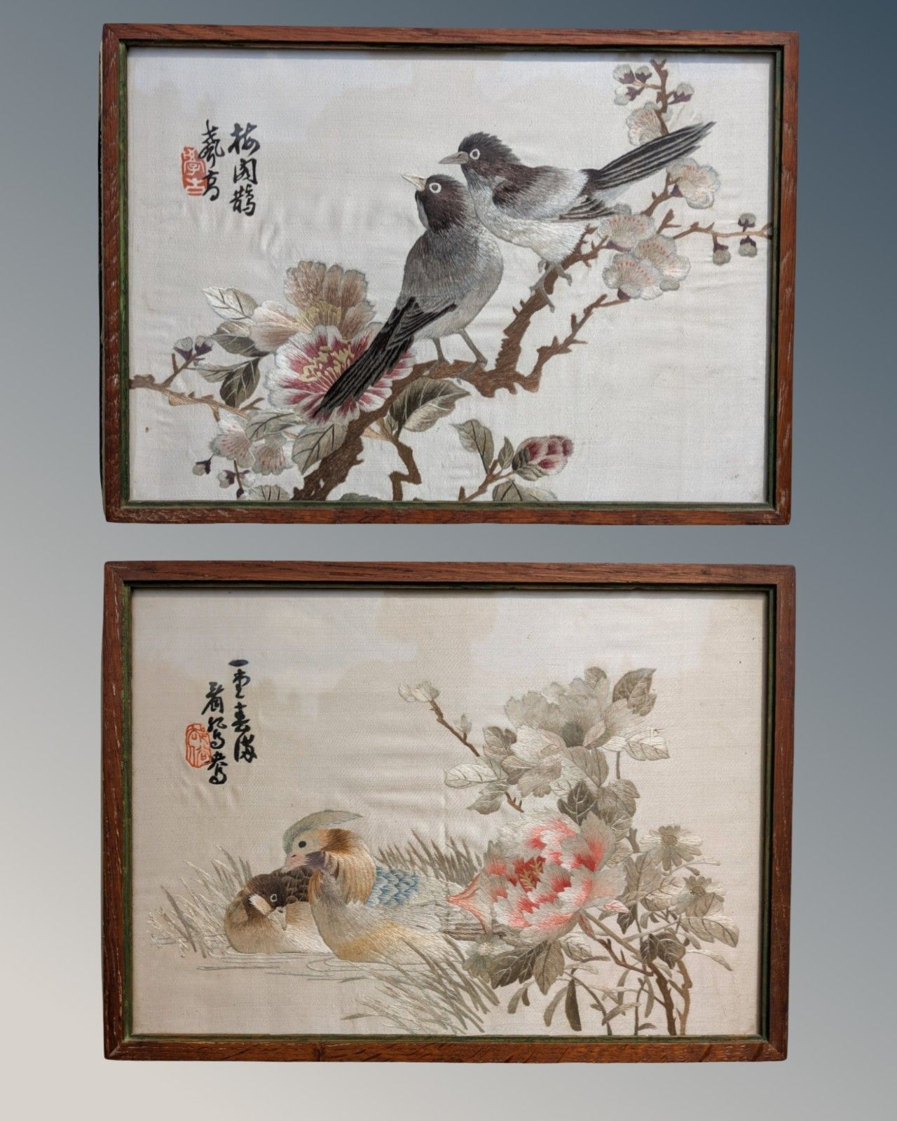 Pair Antique Chinese Embroidered Pictures Garden Birds & Mandarin Ducks