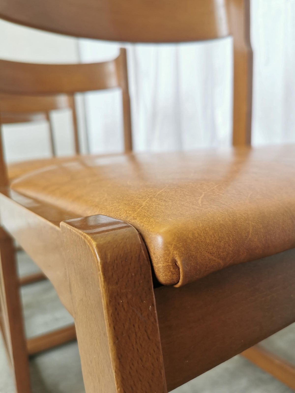 photo for sale Set Of 4 Vintage Dining Chairs / 1970s Mid Century Wooden Sculptural Design With Brown Caramel Faux Leather Seats / Italian Modernist Design