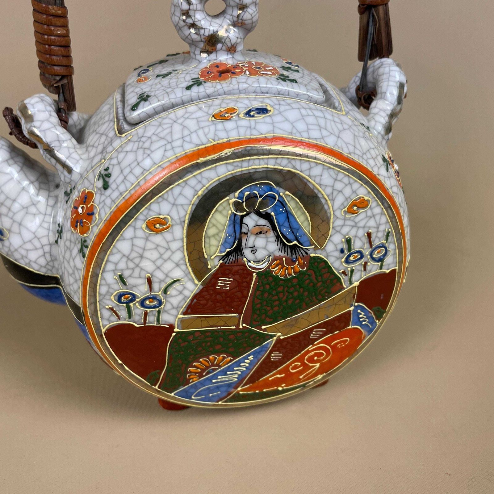 Antique Vintage Chinese Porcelain Teapot Oriental Pattern Decorative Kitchen Tea Pot Asian Bamboo Wood Woven Handle Hand Painted Lid photo furniture