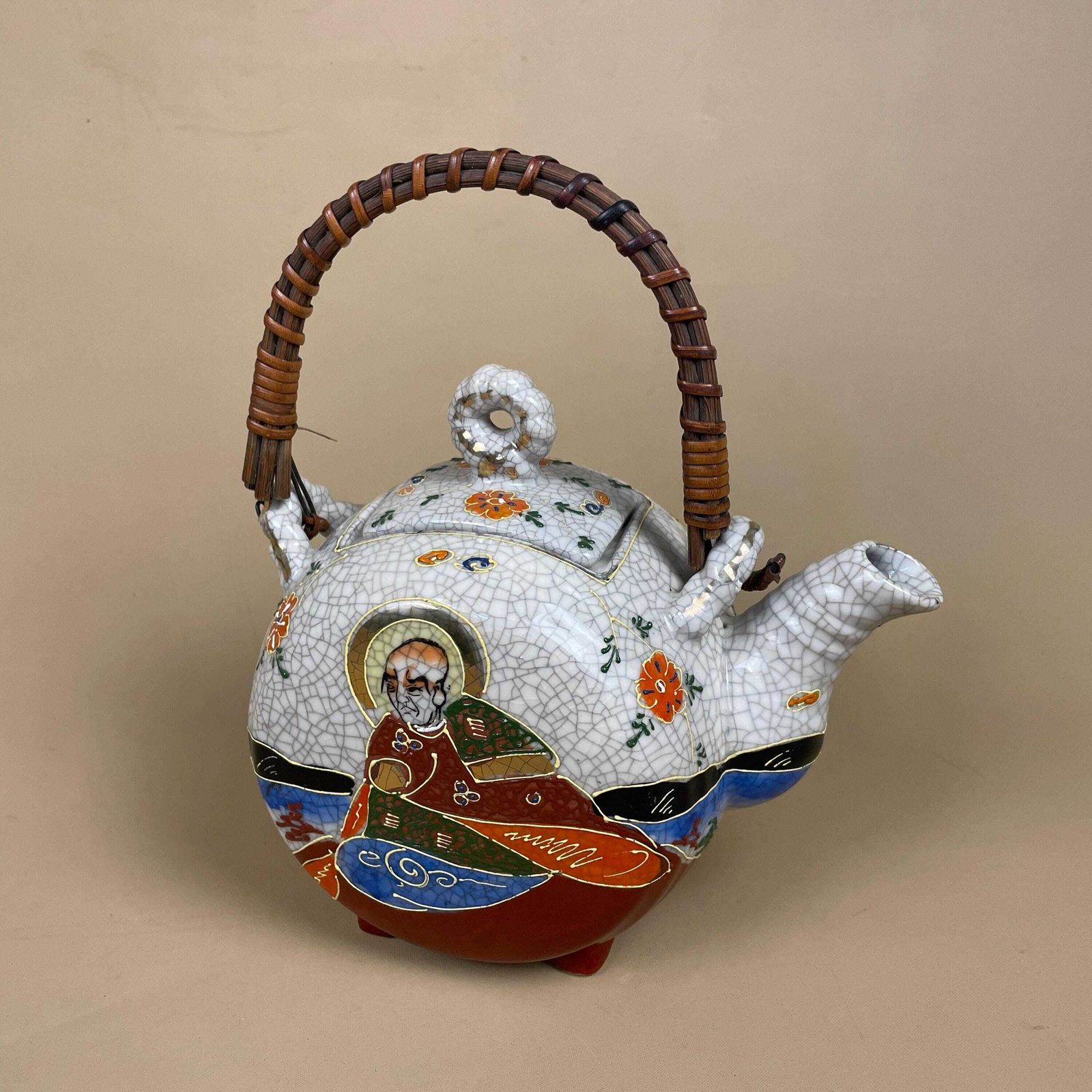 Antique Vintage Chinese Porcelain Teapot Oriental Pattern Decorative Kitchen Tea Pot Asian Bamboo Wood Woven Handle Hand Painted Lid photo vinterior