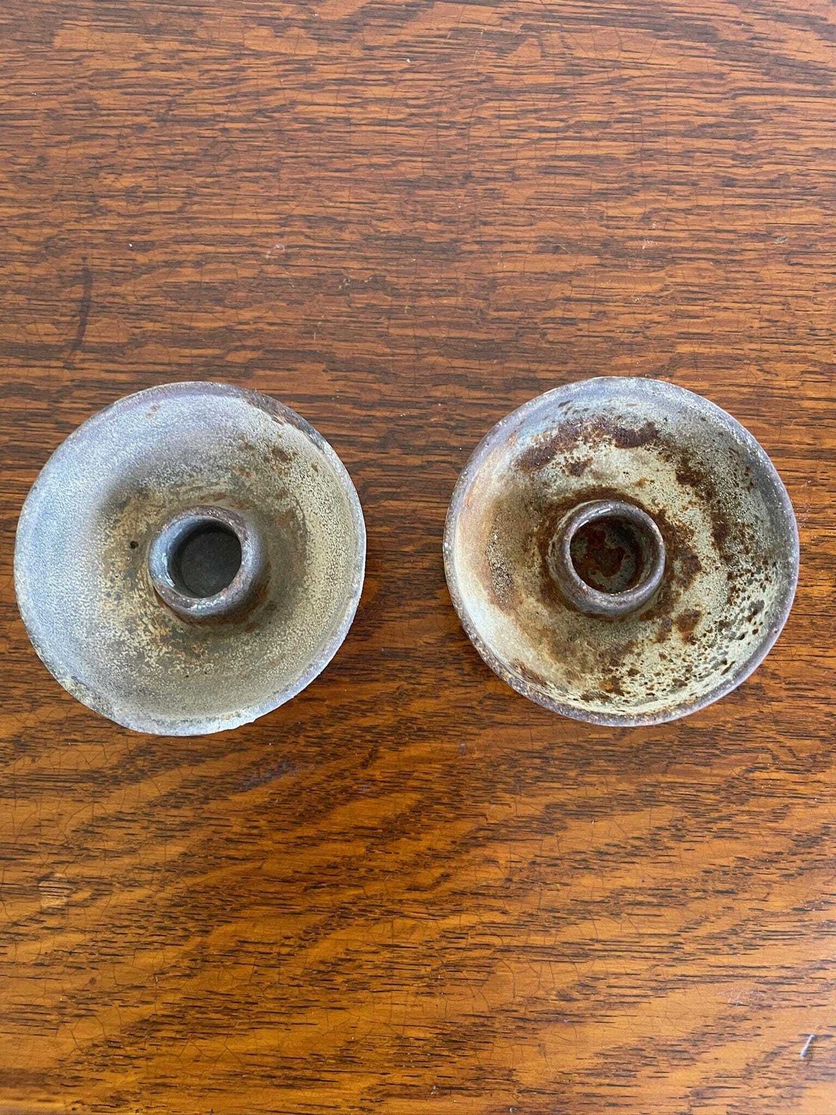 Pair Of Vintage Industrial Chunky Cast Iron Candle Holders Cauldron Bowl Shape photo for sale