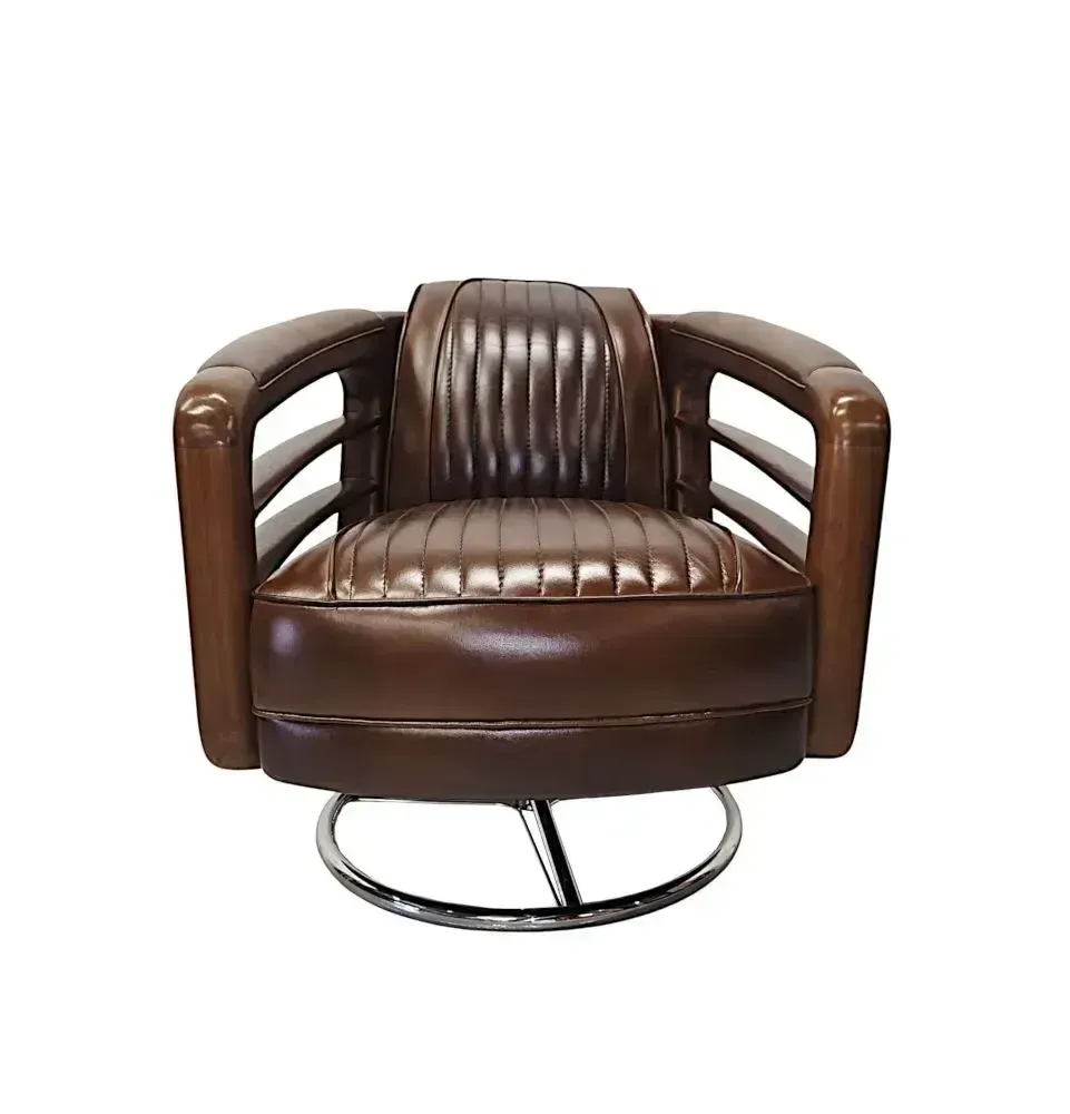 A Fabulous Handmade Walnut And Chrome Revolving Leather Armchair