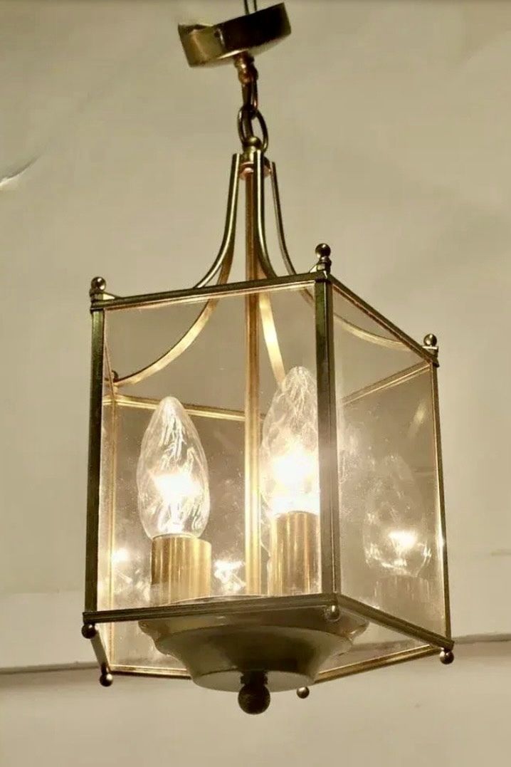 Beautiful Quality Pair Of Art Deco Style Brass And Glass Lanterns photo for sale