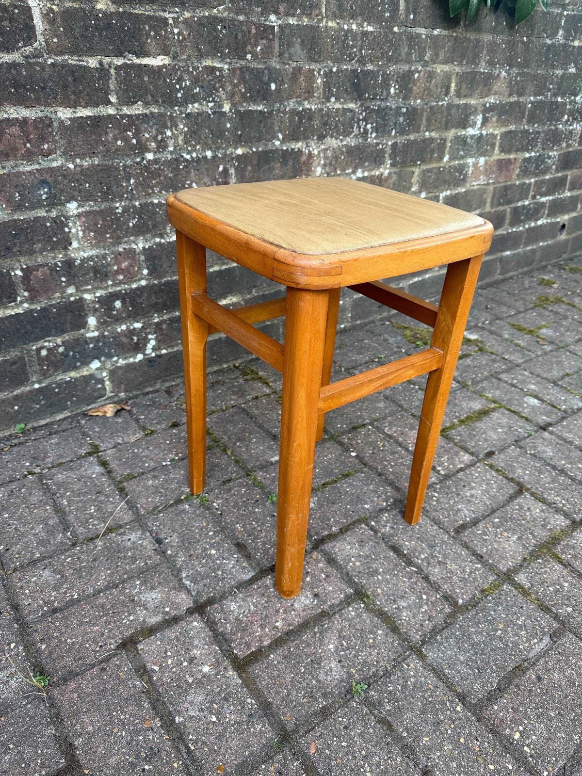 Vintage Retro Vinyl Top Wooden Stool – Retro 1960s 1970s Kitchen Or Utility Seat, Wipe Clean Square Padded Top, Compact Design, Retro Stool photo Furniture