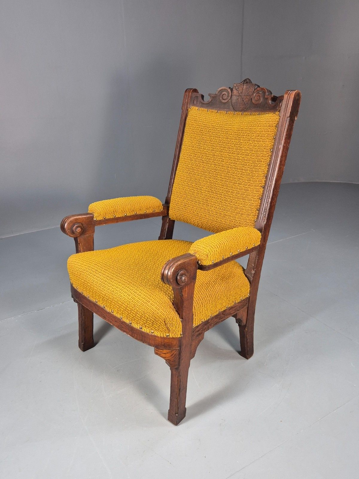 Antique Carved Oak Mustard Patterned Fabric Arm Chair Vintage Eb9788 Vcar