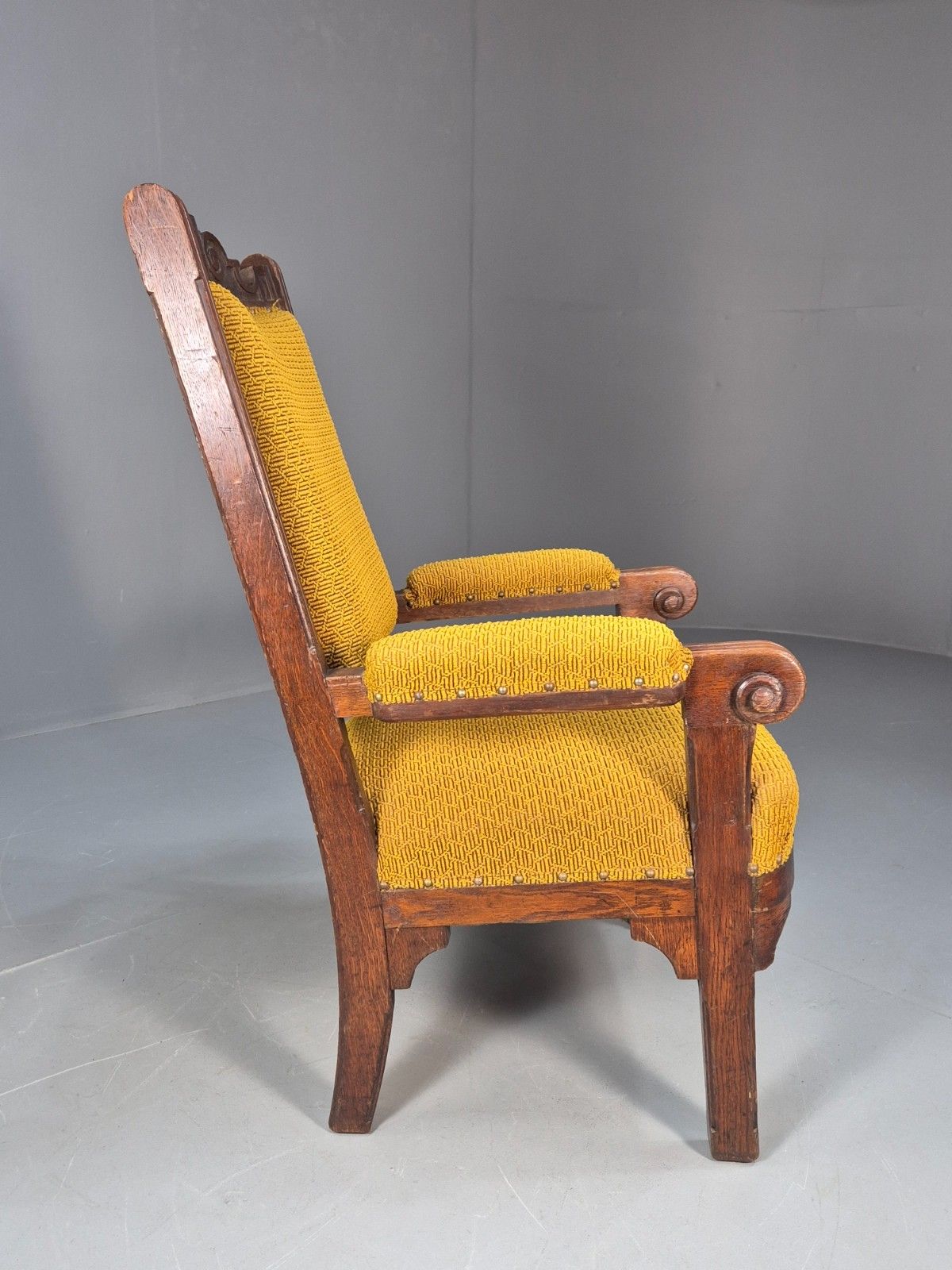 photo for sale Antique Carved Oak Mustard Patterned Fabric Arm Chair Vintage Eb9788 Vcar