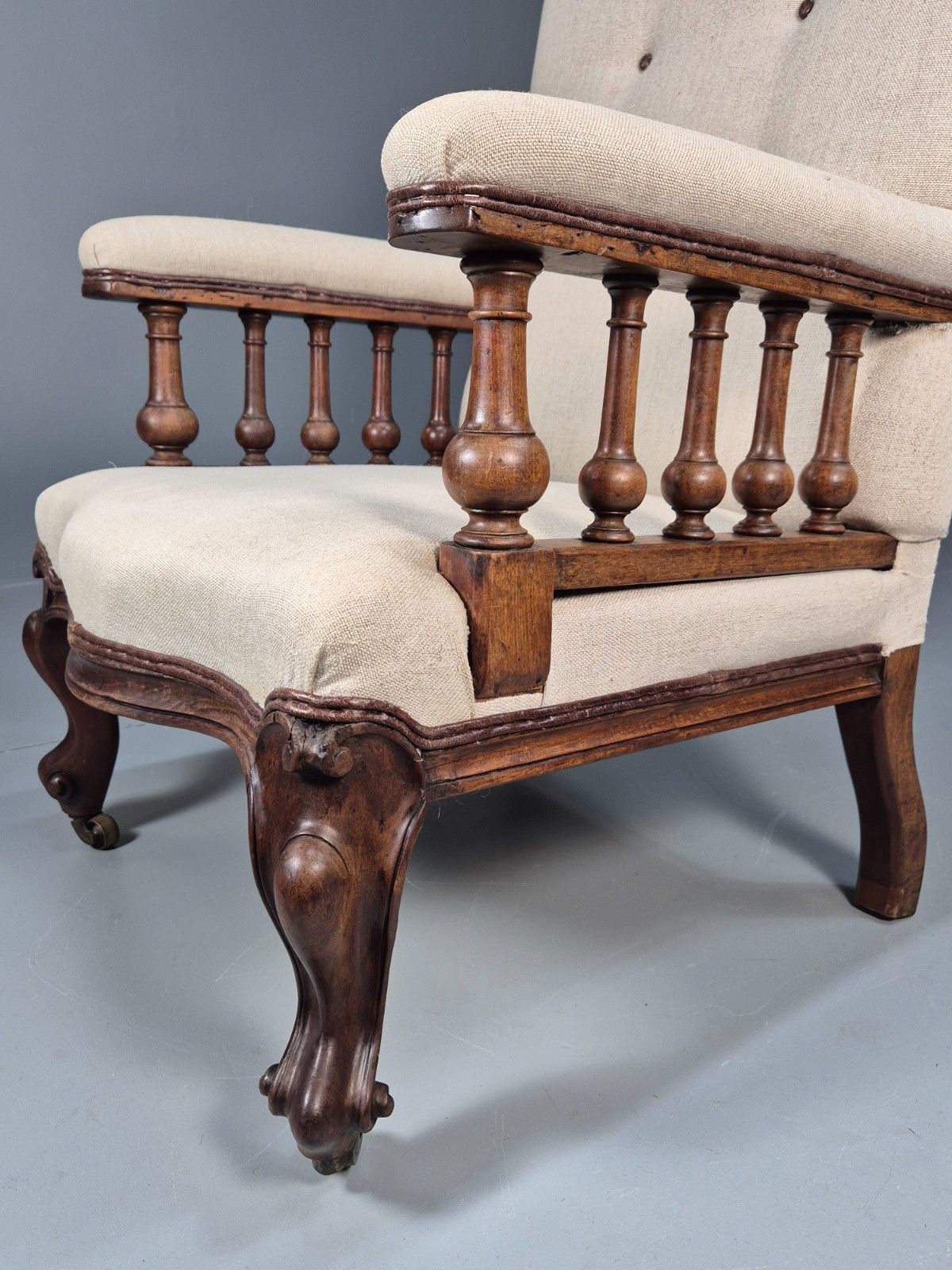 Antique Mahogany Library Chair Cream Fabric Vintage Retro Eb9382 Vclo photo furniture