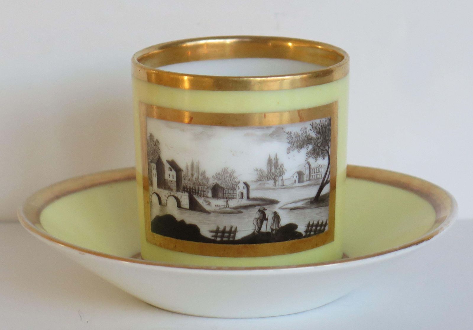 Old Paris Porcelain Coffee Can & Saucer Lemon Engrisaille, French Ca 1800 photo furniture