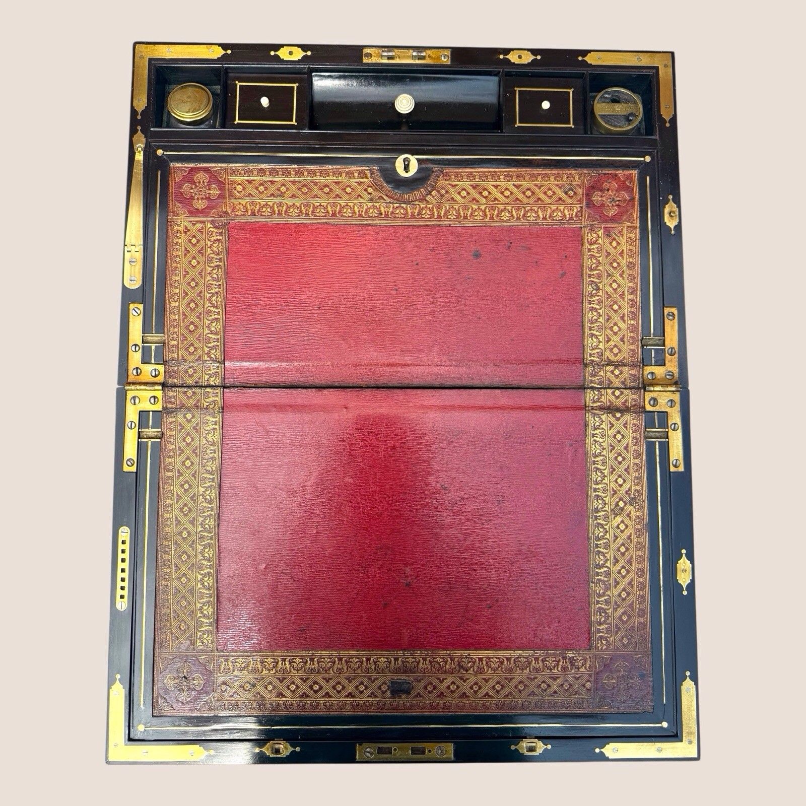 Antique Regency Mahogany & Brass Inlaid Campaign Writing Slope Box With Drawer photo furniture