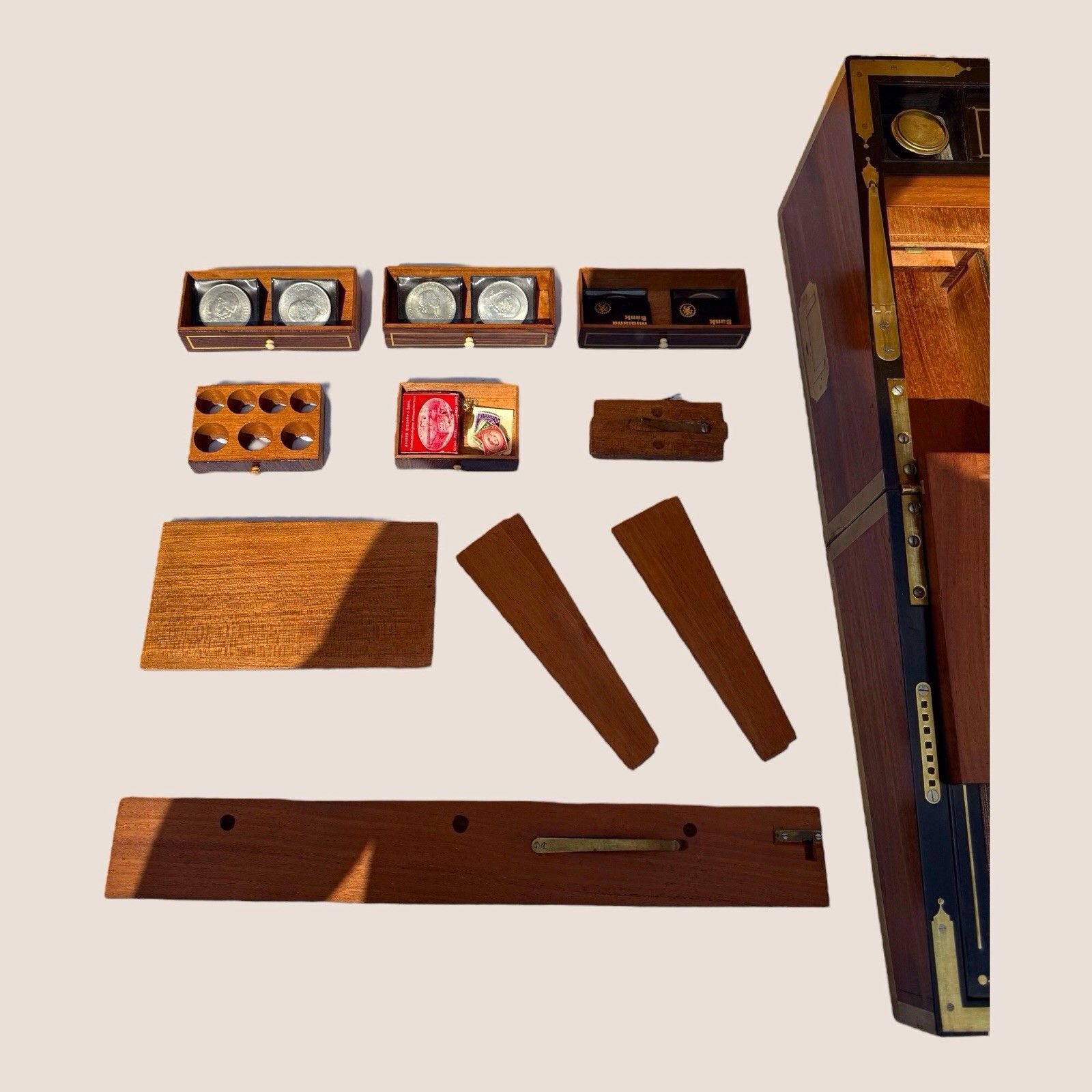 2500.0 Antique Regency Mahogany & Brass Inlaid Campaign Writing Slope Box With Drawer photo