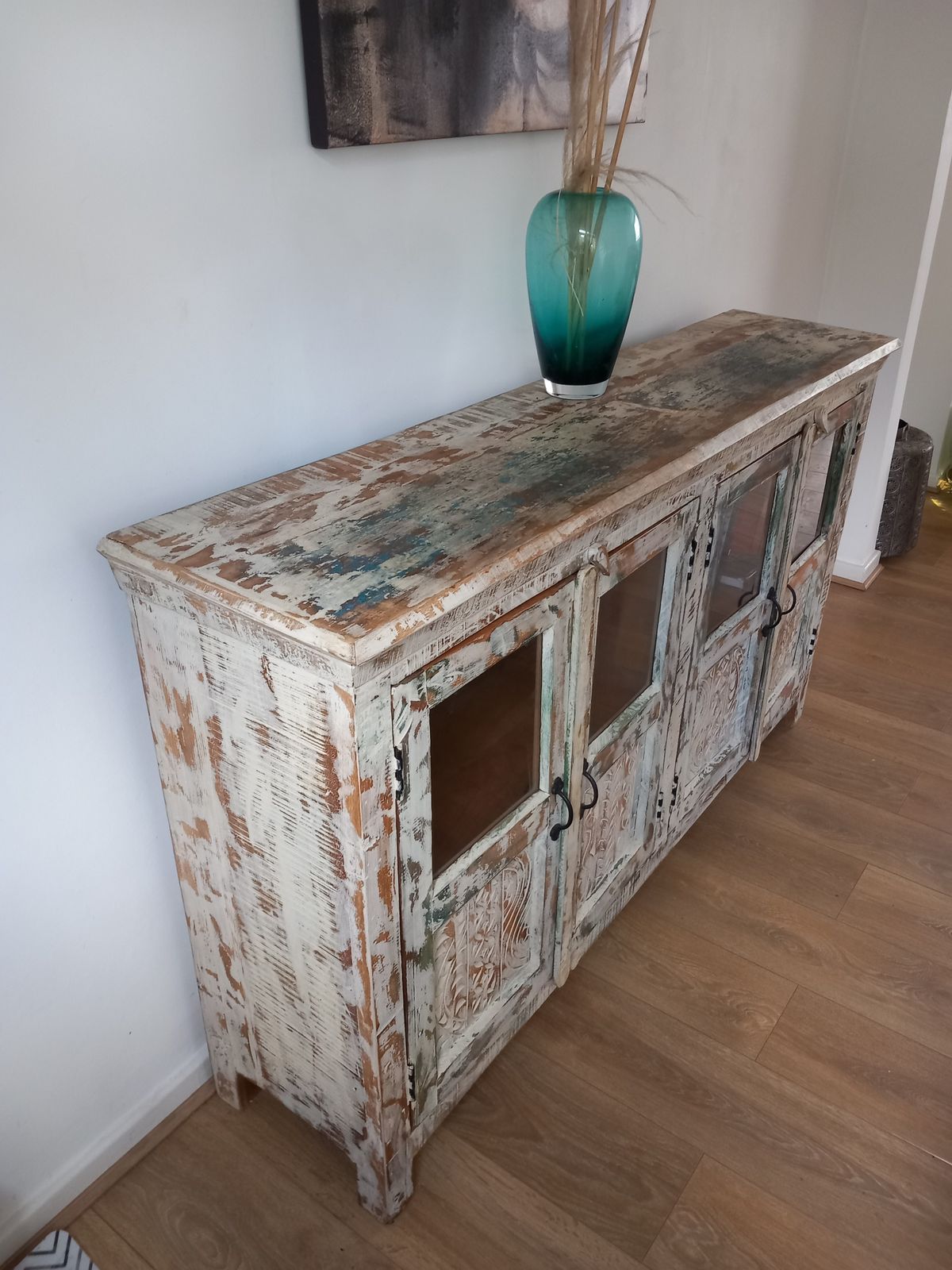 Beautiful, White Washed, Reclaimed Wood, Hand Painted And Crafted Indian Sideboard. photo Furniture